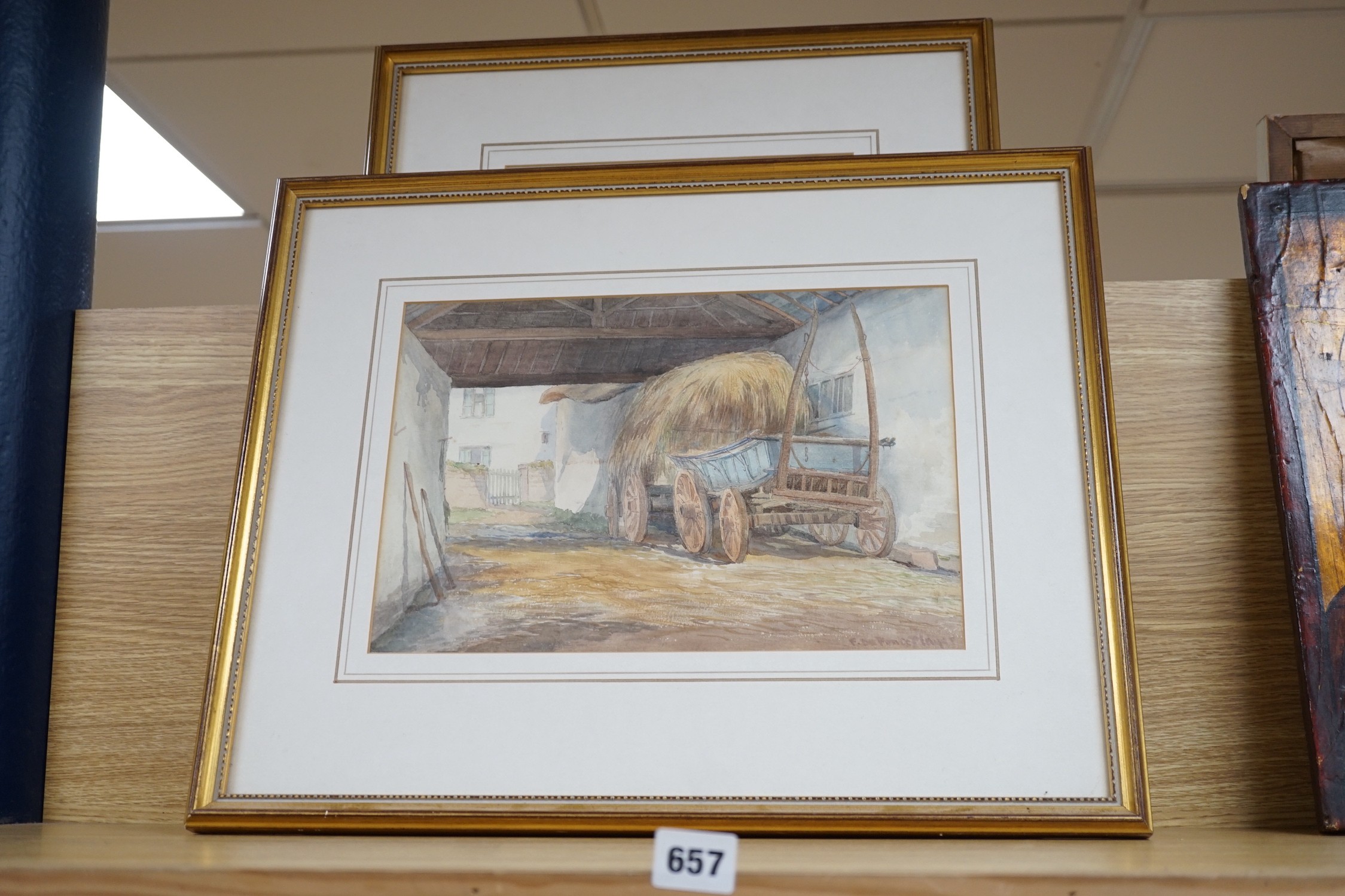 F. da Ponte Player (Exh 1880-1882), two watercolours, 'A Back Street at Rye' and 'A Sussex Barn', signed, 33 x 23cm and 23 x 34cm